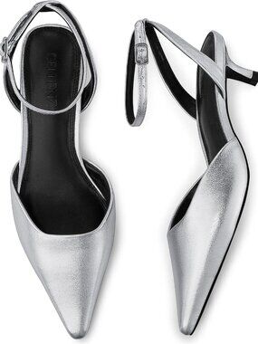 Women's Silver Low Heel Pumps 1.97 Inch Comfortable Kitten Toe Heel Shoes